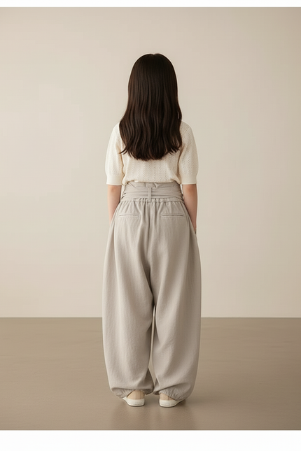 Pantalon Baggy Gris Lin Ample Ceinture Fille - vue 2