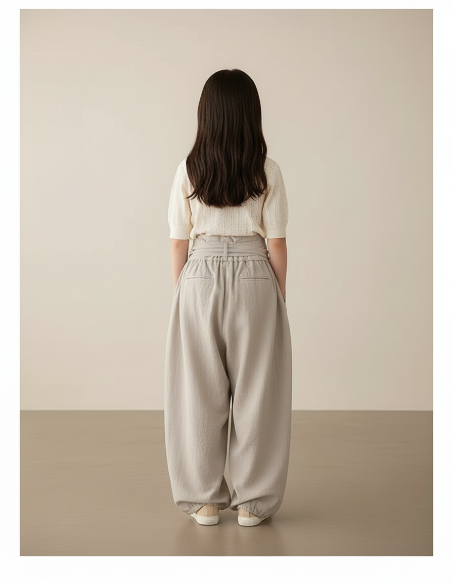 Pantalon Baggy Gris Lin Ample Ceinture Fille - vue 2