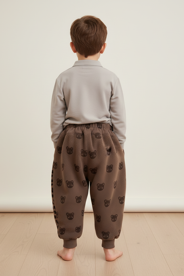 Pantalon Baggy Marron Molletonné Imprimé Ours Enfant - vue 2