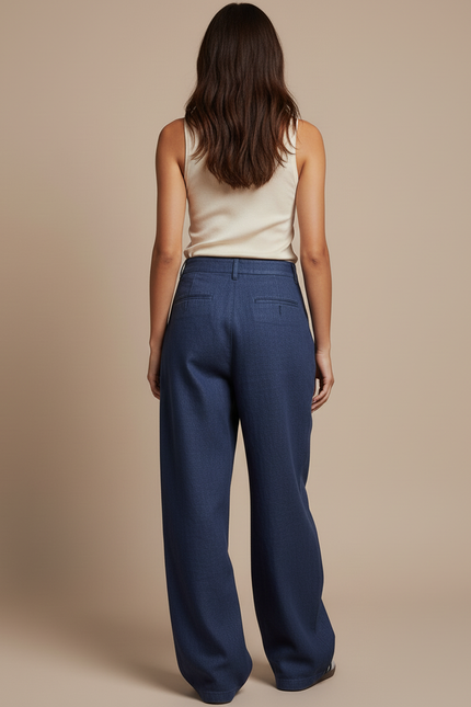 Pantalon Baggy Bleu Marine Ample Plissé Femme Décontracté - Lin - vue 2