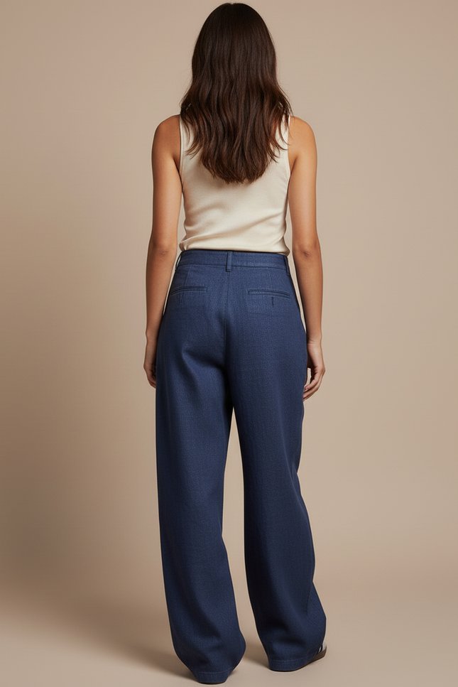 Pantalon Baggy Bleu Marine Ample Plissé Femme Décontracté - Lin - vue 2