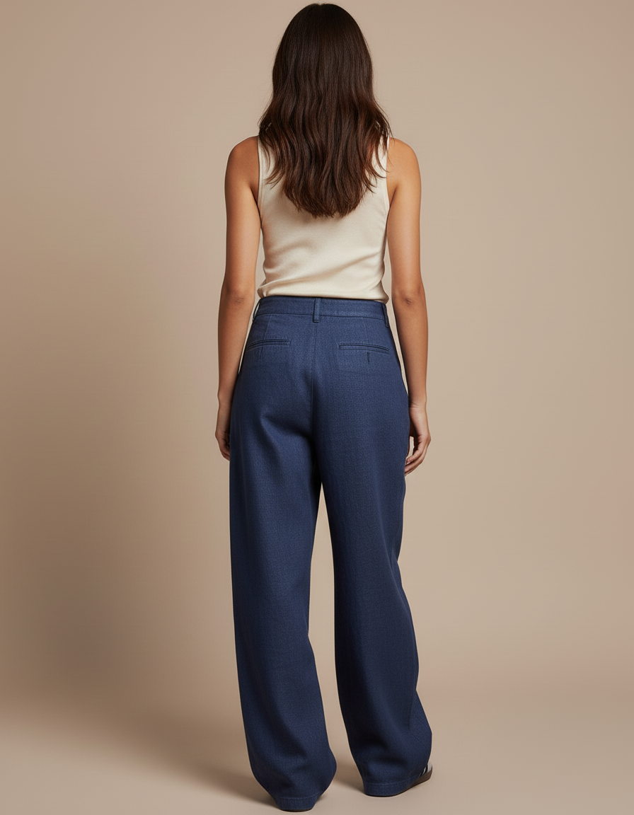 Pantalon Baggy Bleu Marine Ample Plissé Femme Décontracté - Lin - vue 2