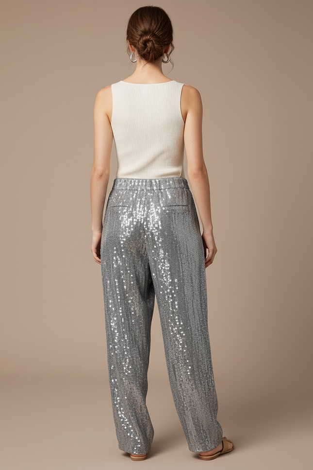 Pantalon Baggy Pailleté Argenté Ample Brillant Femme - Polyester - vue 2
