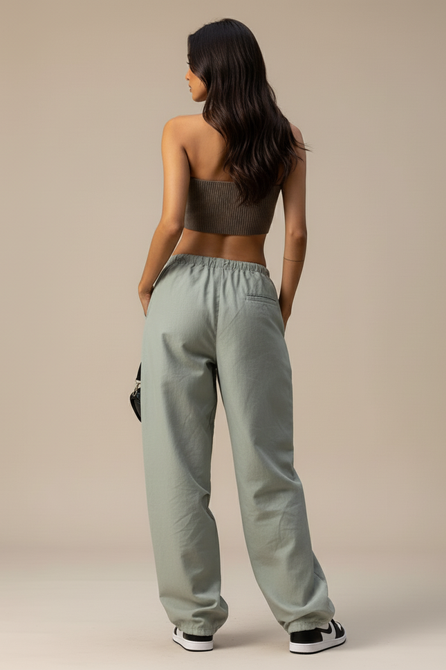 Pantalon Baggy Vert Ample Cordon Décontracté Femme - Toile - vue 2