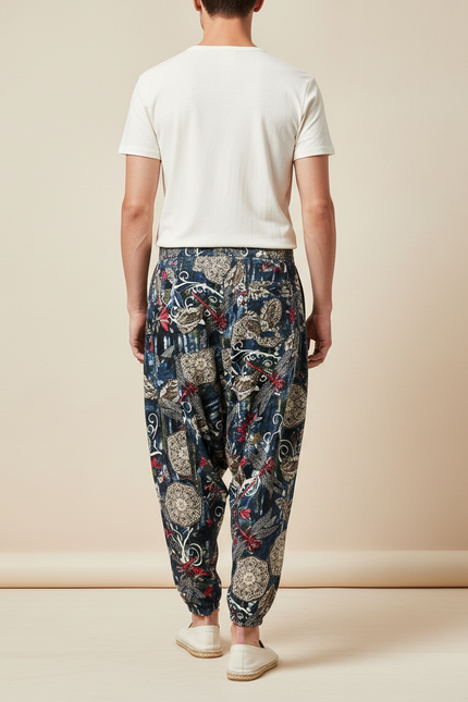 Pantalon Baggy Harem Coton Lin Floral Homme - Multicolore - vue 2