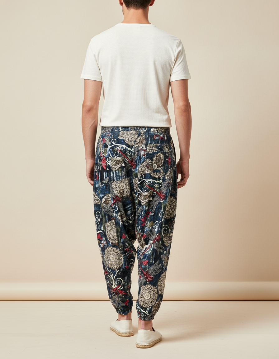 Pantalon Baggy Harem Coton Lin Floral Homme - Multicolore - vue 2