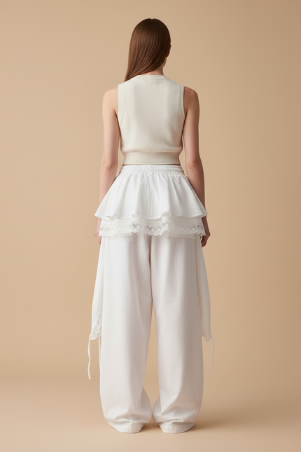 Pantalon Baggy Blanc Ample Dentelle Fluide - Coton - vue 2
