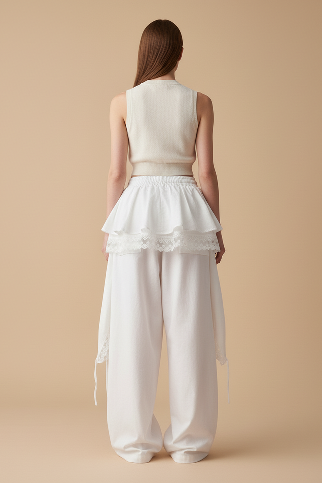 Pantalon Baggy Blanc Ample Dentelle Fluide - Coton - vue 2