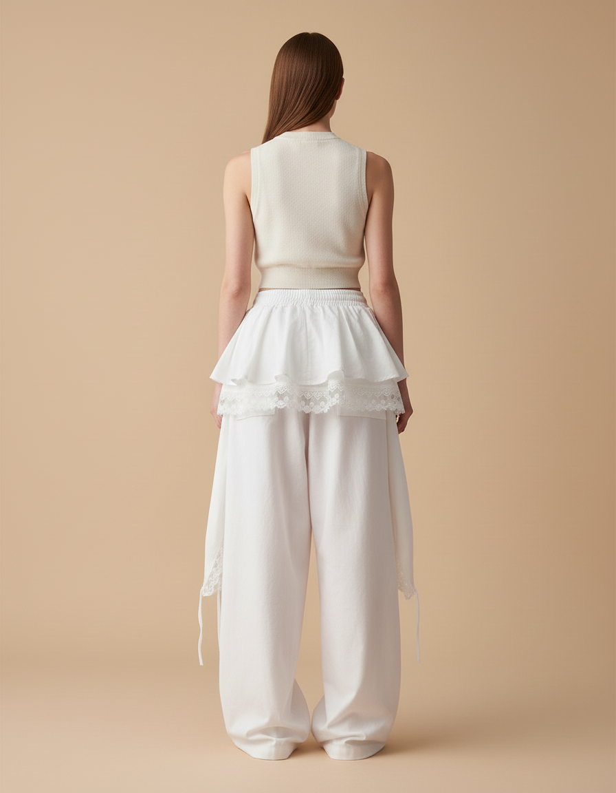 Pantalon Baggy Blanc Ample Dentelle Fluide - Coton - vue 2