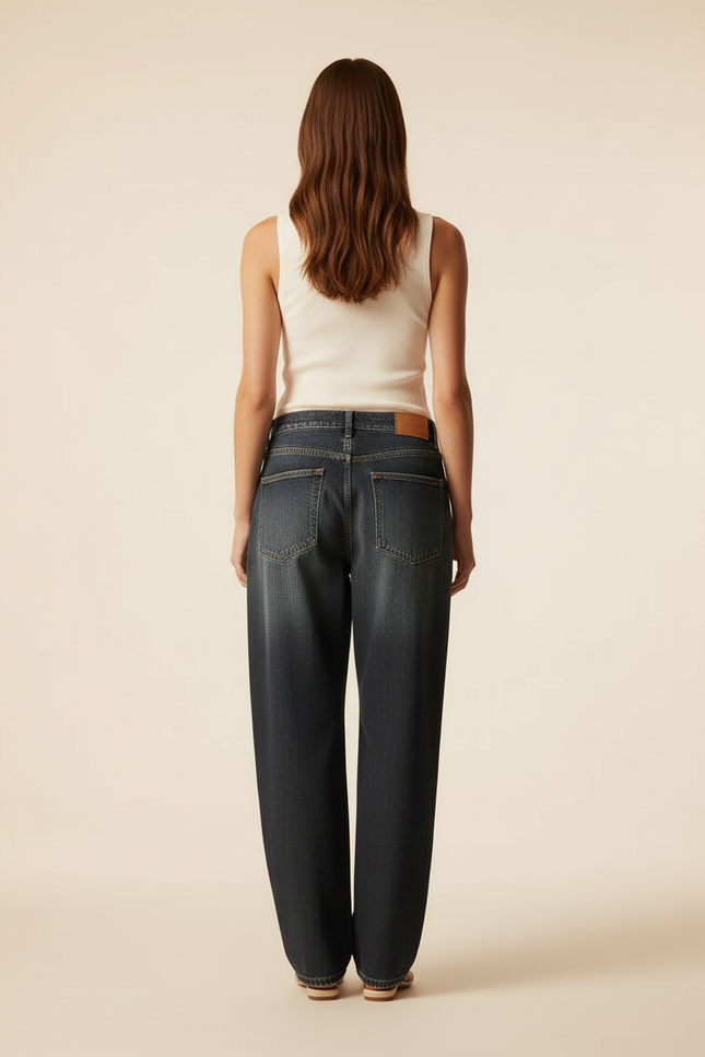 Pantalon Baggy Noir Délavé Brodé Ample Streetwear - Jean - vue 2