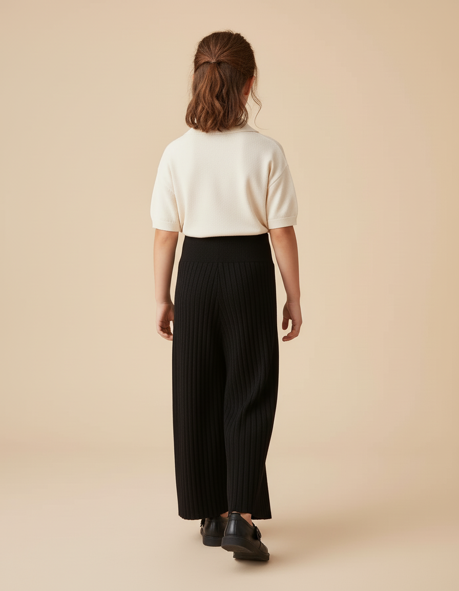 Pantalon Baggy Noir Tricoté Ample Côtelé Confortable Fille - Maille - vue 2