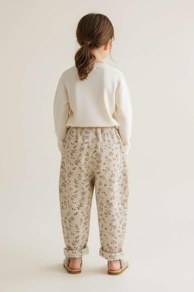 Pantalon Baggy Crème Côtelé Imprimé Floral Ample Enfant - Beige Cordé - vue 2
