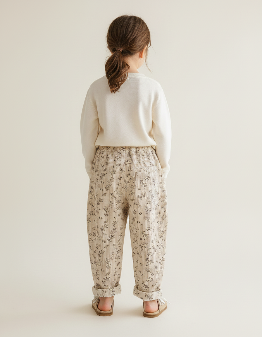 Pantalon Baggy Crème Côtelé Imprimé Floral Ample Enfant - Beige Cordé - vue 2