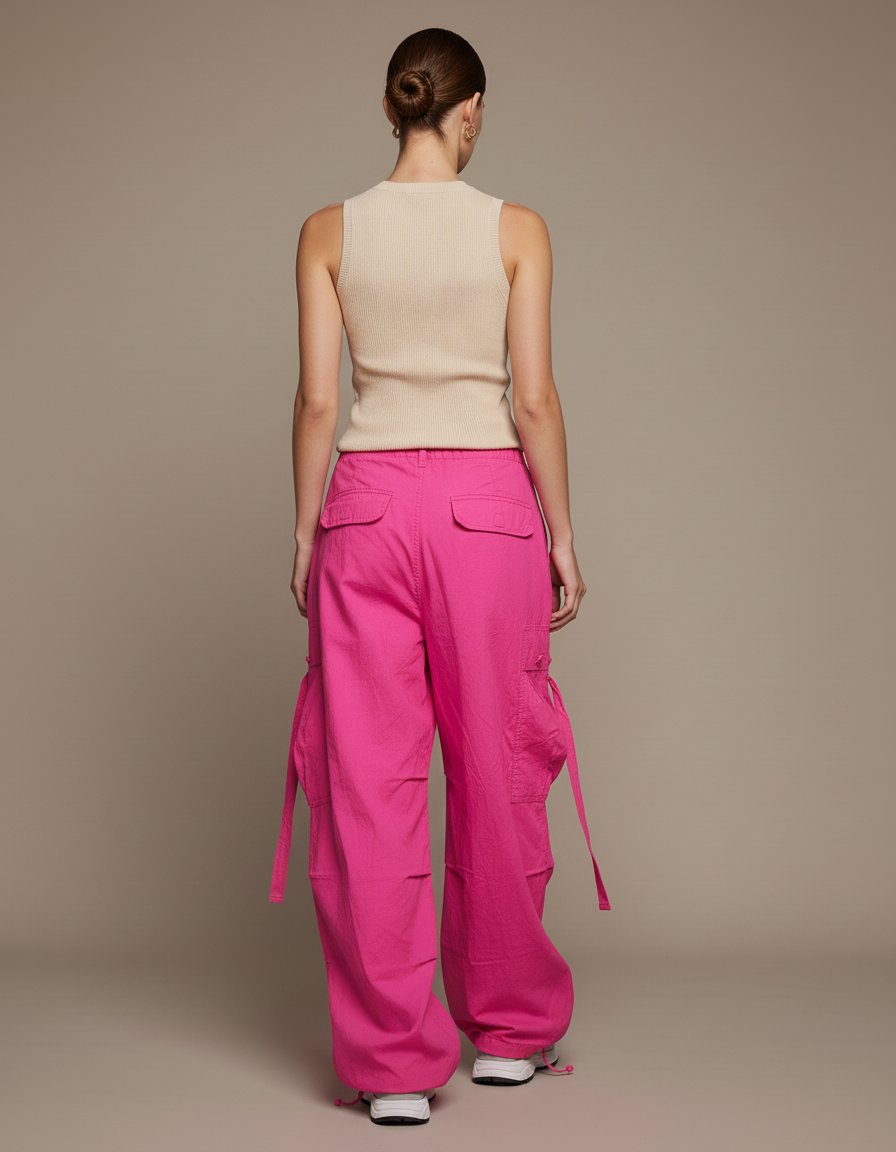 Pantalon Baggy Rose Fluide Ample Cargo Streetwear - Polyester - vue 2