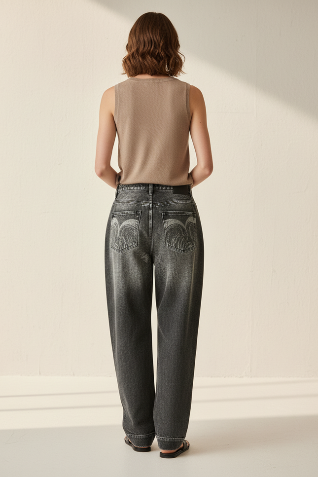 Pantalon Baggy Noir Délavé Brodé Ample Streetwear Y2K - Jean - vue 2