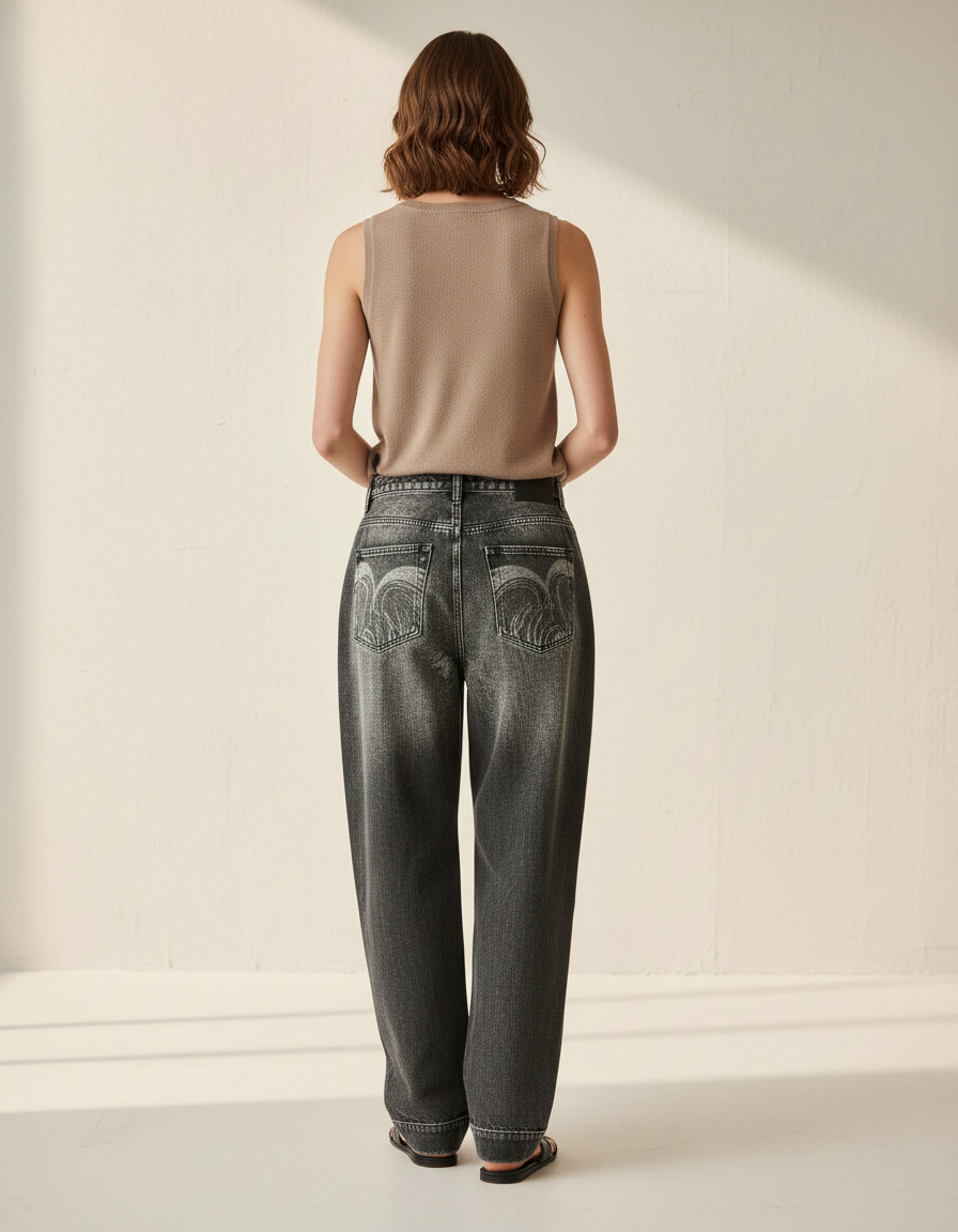 Pantalon Baggy Noir Délavé Brodé Ample Streetwear Y2K - Jean - vue 2