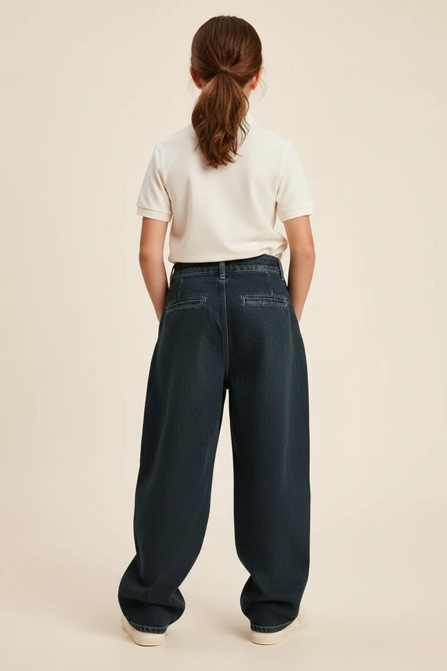 Pantalon Baggy Denim Bleu Ample Plissé Fille - Marine Jean - vue 2