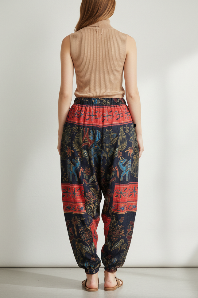 Pantalon Baggy Ethnique Imprimé Bohème Fluide Femme - Multicolore Coton - vue 2