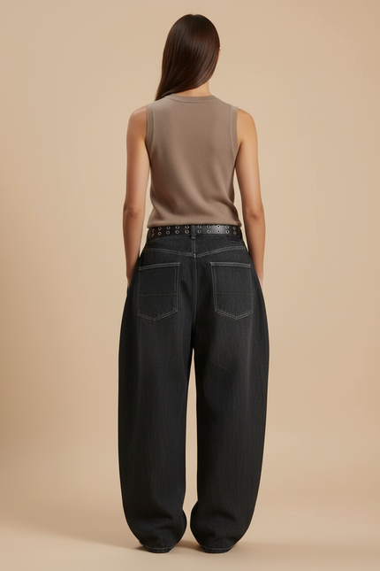 Pantalon Baggy Jean Gris Ample Brodé Streetwear - vue 2