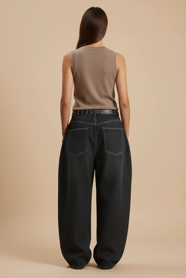 Pantalon Baggy Jean Gris Ample Brodé Streetwear - vue 2