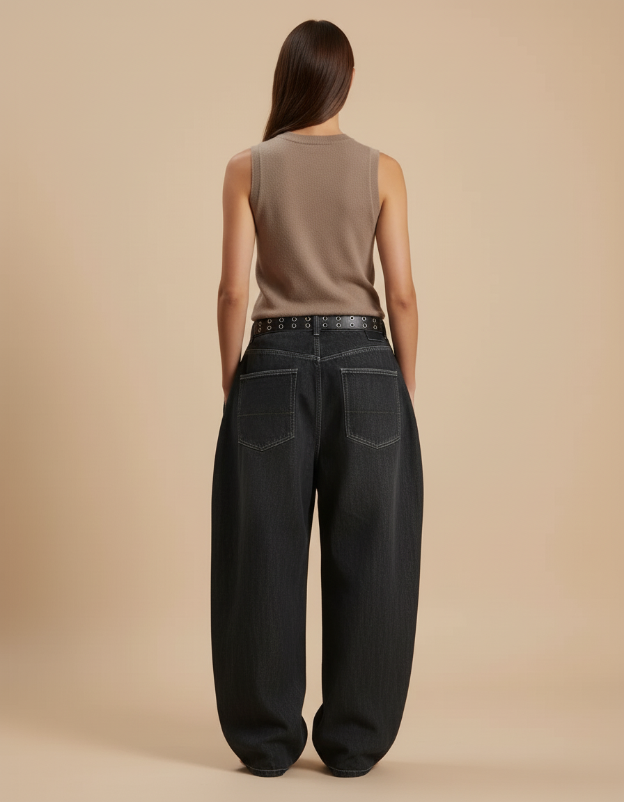 Pantalon Baggy Jean Gris Ample Brodé Streetwear - vue 2