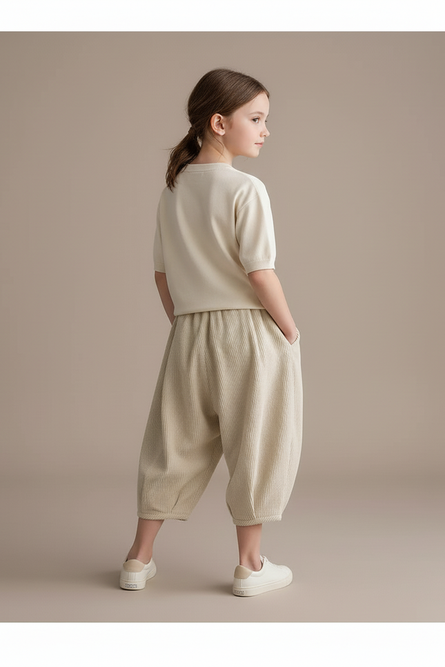 Pantalon Baggy Fille Beige Taille Élastique - Cordé - vue 2