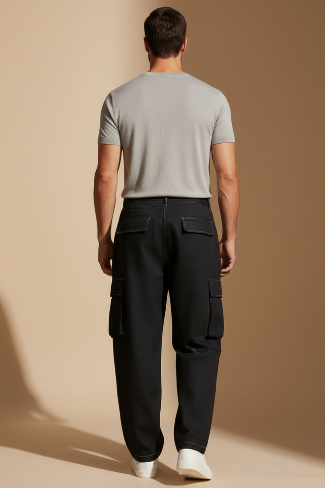 Pantalon Baggy Noir Ample Cargo Couture Blanche Homme - Toile - vue 2
