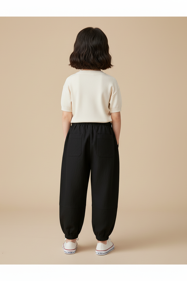 Pantalon Baggy Noir Ample Fluide Élastiqué Enfant - Lin - vue 2