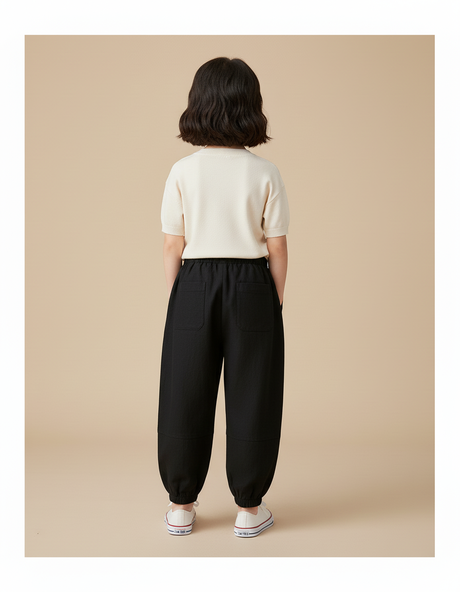 Pantalon Baggy Noir Ample Fluide Élastiqué Enfant - Lin - vue 2