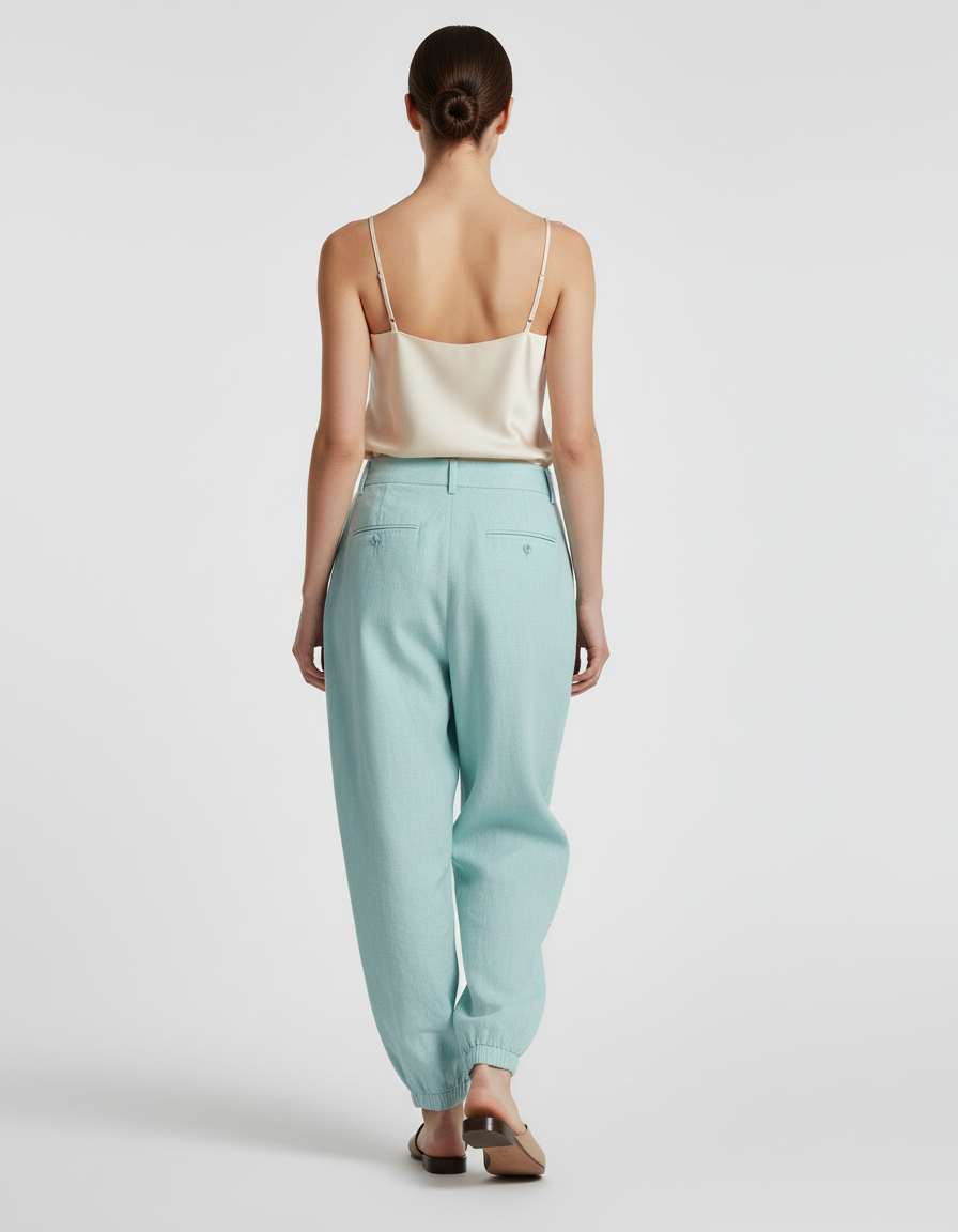 Pantalon Baggy Lin Plissé Ample Cheville Femme - Vert - vue 2