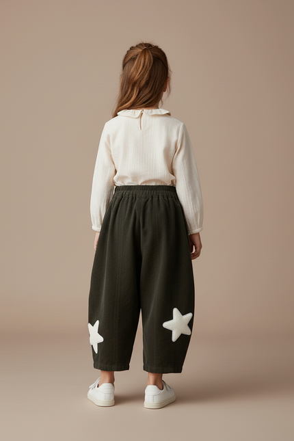 Pantalon Baggy Vert Côtelé Étoiles Ample Enfant - Kaki Cordé - vue 2