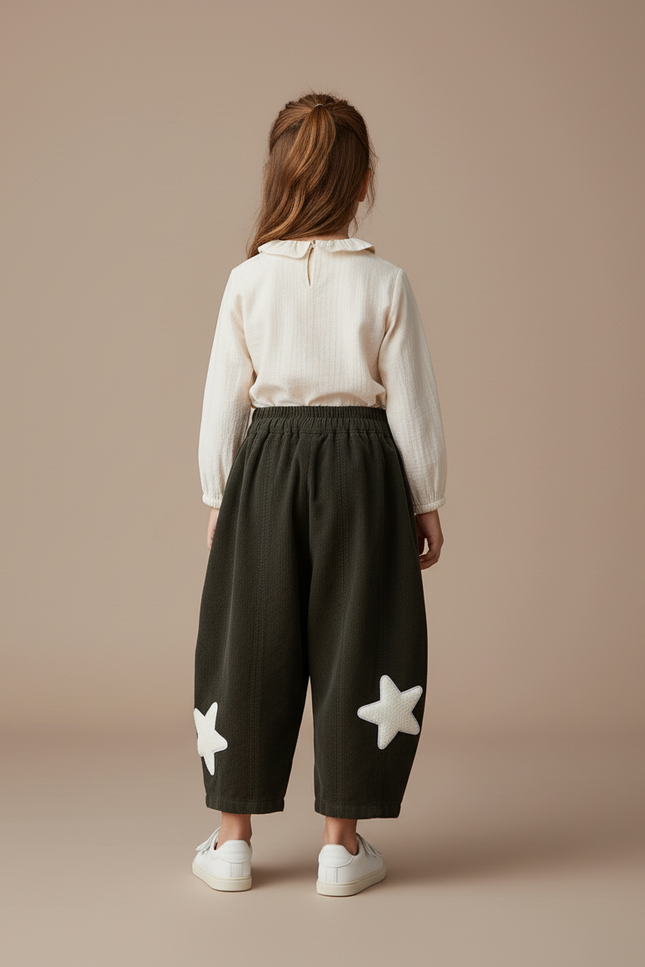 Pantalon Baggy Vert Côtelé Étoiles Ample Enfant - Kaki Cordé - vue 2