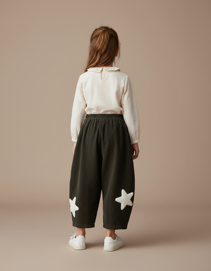 Pantalon Baggy Vert Côtelé Étoiles Ample Enfant - Kaki Cordé - vue 2