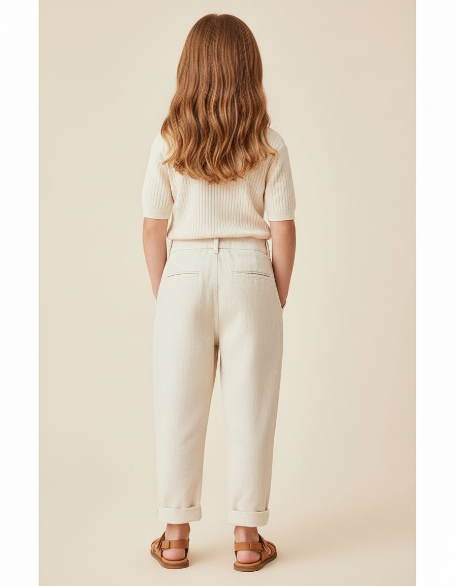 Pantalon Baggy Crème Coton Décontracté Enfant Pince - Beige - vue 2