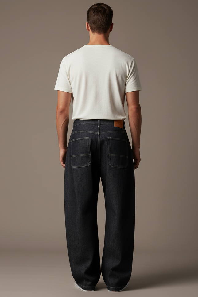 Pantalon Baggy Jean Denim Ample Boutonné Noir Homme - vue 2