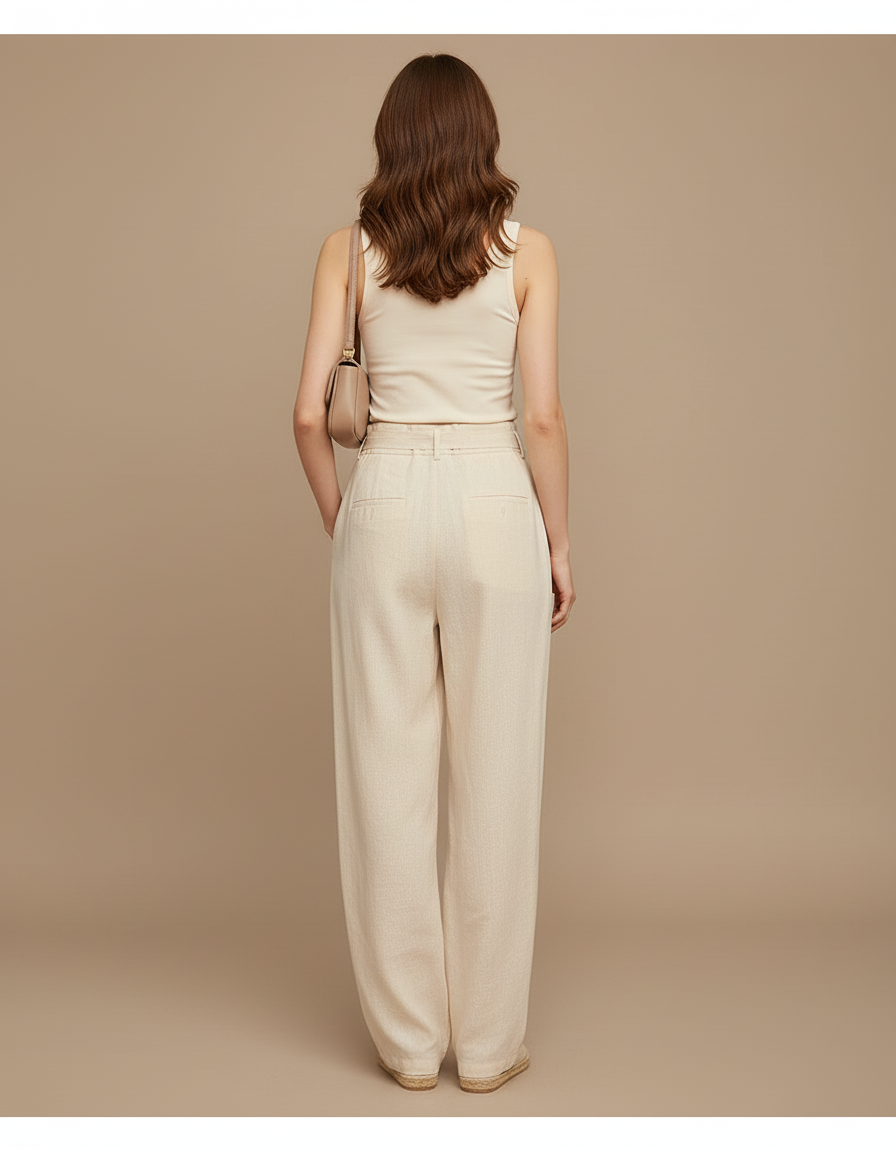 Pantalon Baggy Beige Lin Fluide Plissé Femme - vue 2