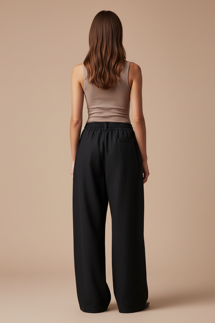 Pantalon Baggy Noir Ample Taille Élastique Fluide - Viscose - vue 2