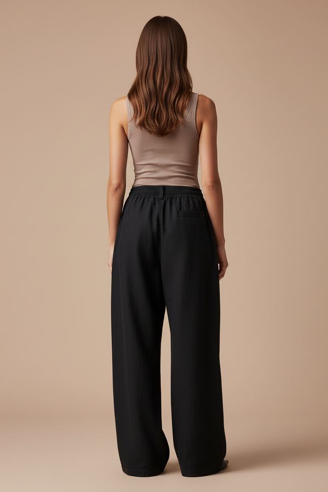 Pantalon Baggy Noir Ample Taille Élastique Fluide - Viscose - vue 2