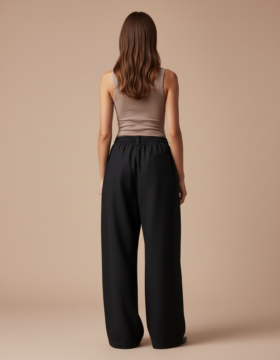 Pantalon Baggy Noir Ample Taille Élastique Fluide - Viscose - vue 2