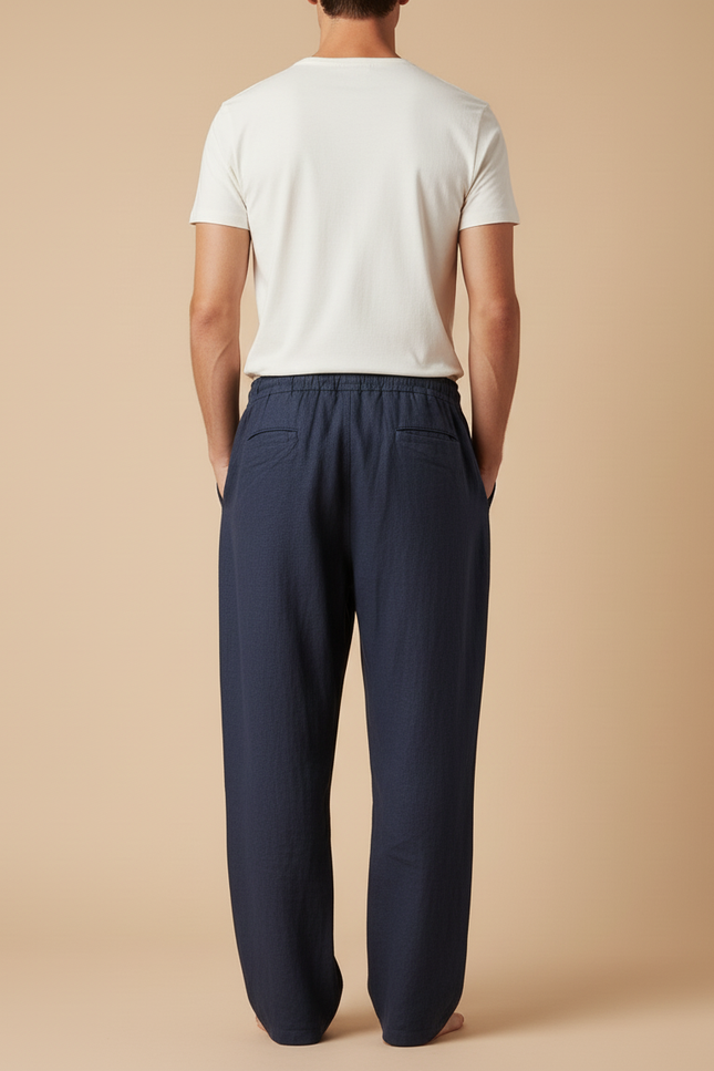 Pantalon Baggy Lin Coton Bleu Marine Ample Décontracté - vue 2