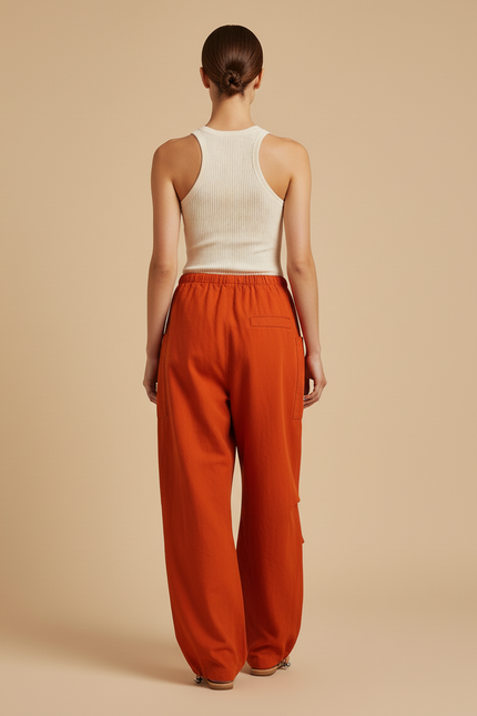 Pantalon Baggy Orange Ample Fluide Cordon Décontracté - Lin - vue 2