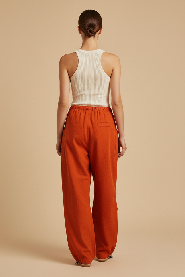 Pantalon Baggy Orange Ample Fluide Cordon Décontracté - Lin - vue 2