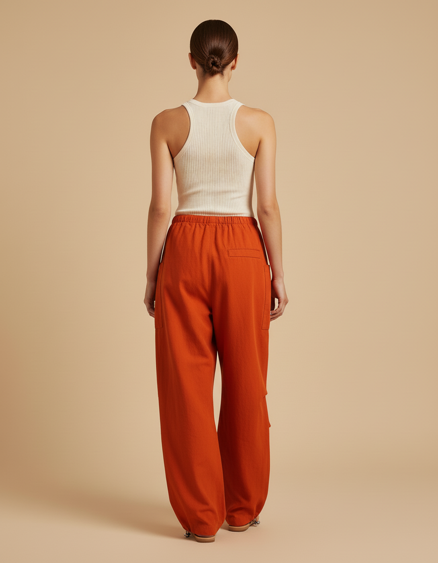 Pantalon Baggy Orange Ample Fluide Cordon Décontracté - Lin - vue 2