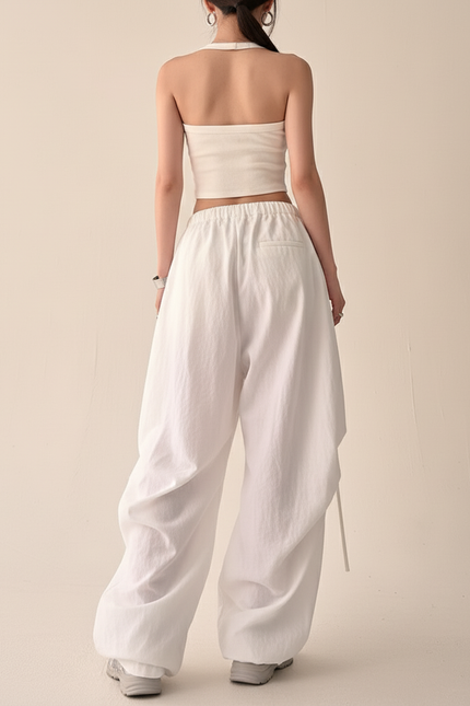 Pantalon Baggy Blanc Fluide Ample Cordon Streetwear - Lin - vue 2