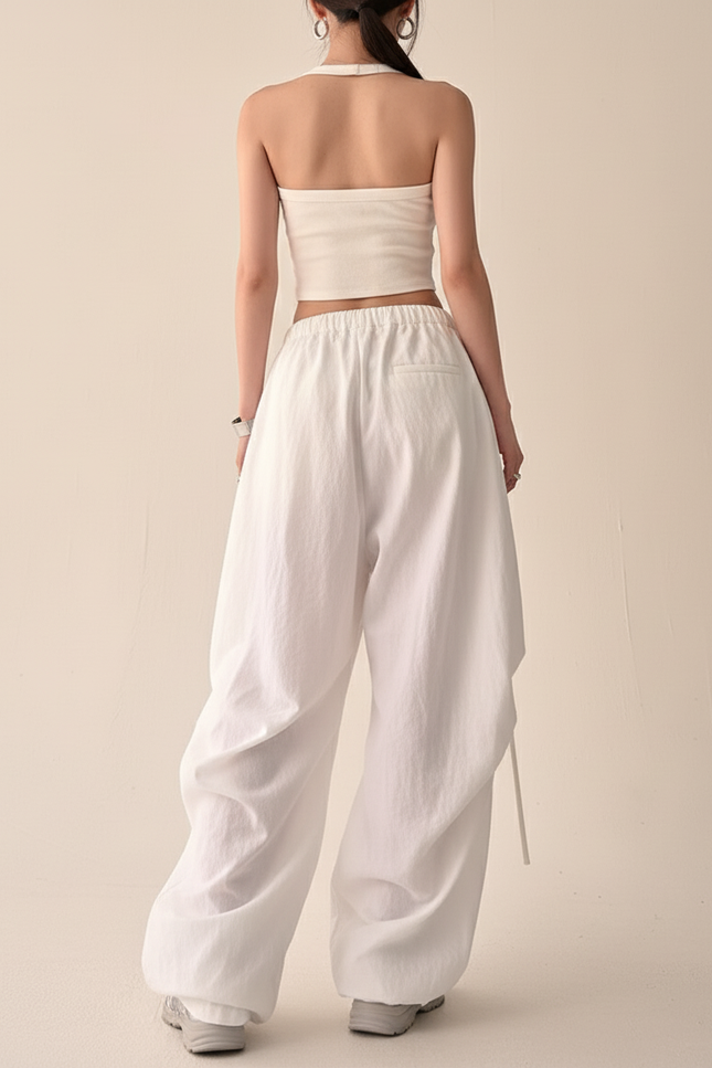 Pantalon Baggy Blanc Fluide Ample Cordon Streetwear - Lin - vue 2