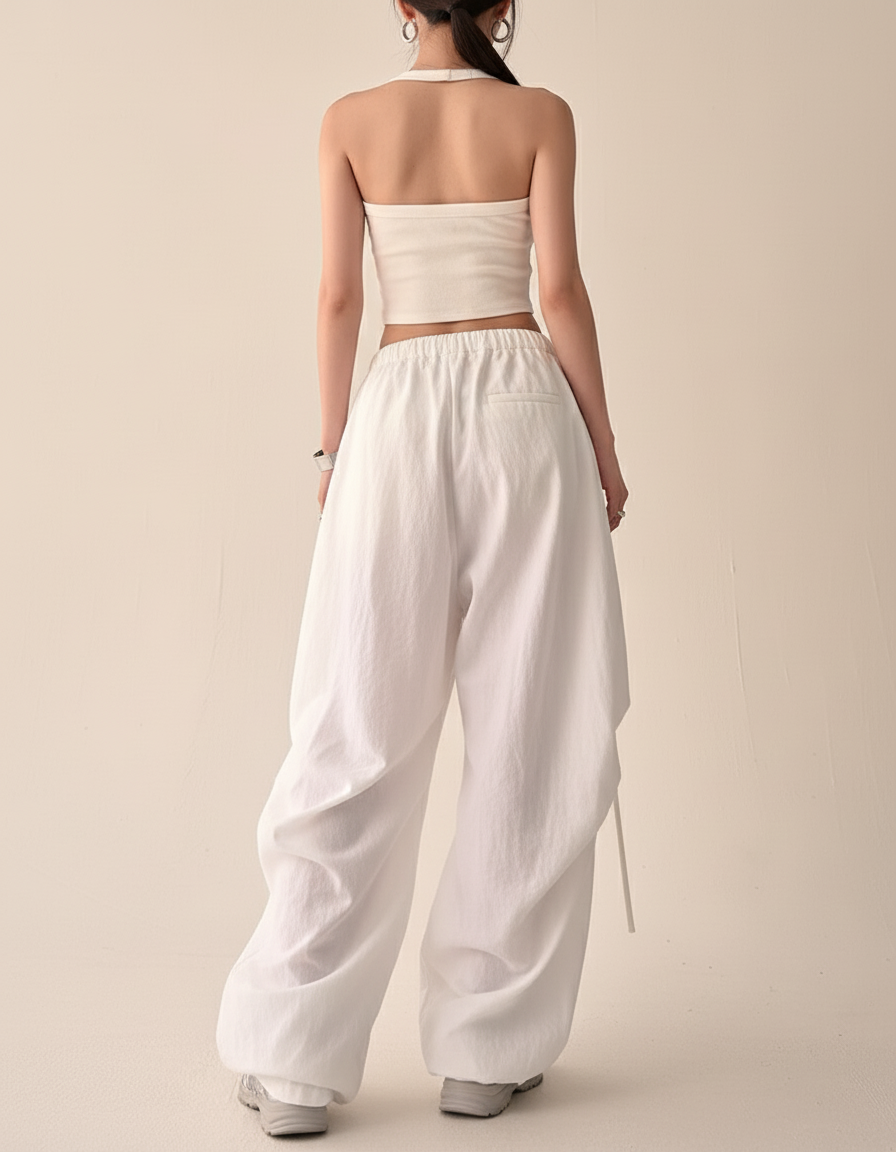 Pantalon Baggy Blanc Fluide Ample Cordon Streetwear - Lin - vue 2