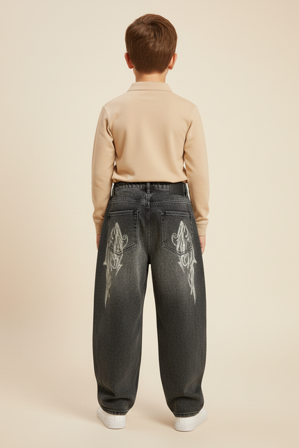 Pantalon Baggy Jean Gris Délavé Imprimé Tribal - vue 2