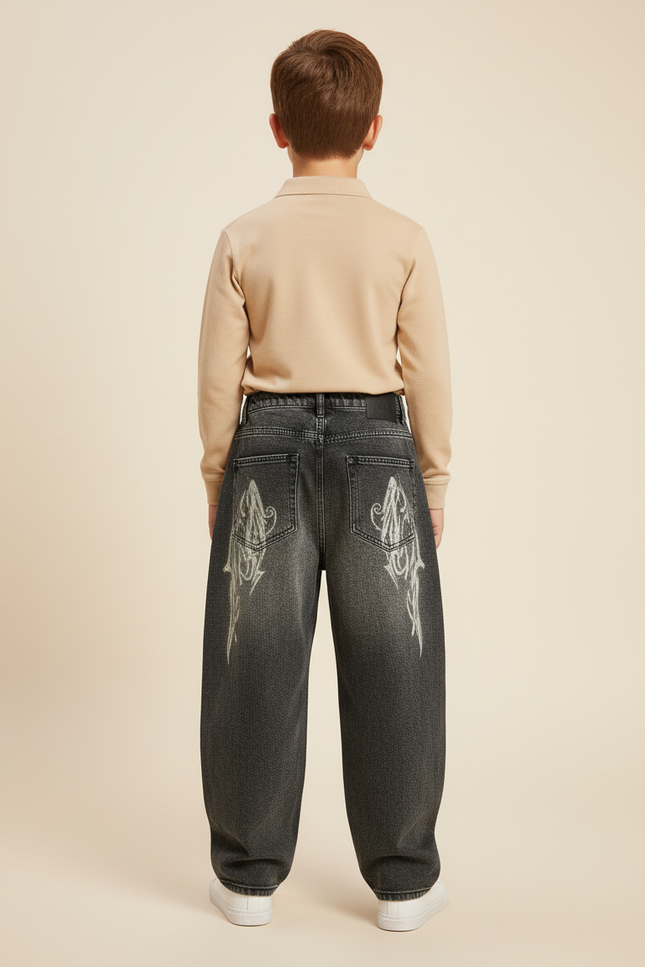 Pantalon Baggy Jean Gris Délavé Imprimé Tribal - vue 2