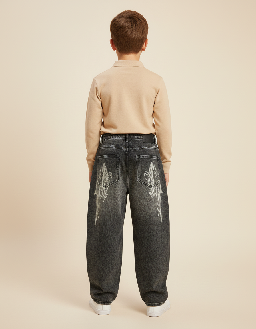 Pantalon Baggy Jean Gris Délavé Imprimé Tribal - vue 2
