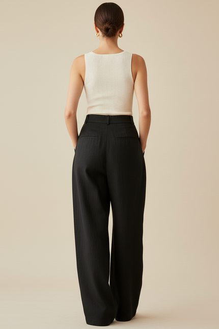 Pantalon Baggy Noir Ample Taille Haute Élégant Femme - Lin - vue 2